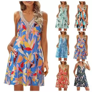 Летние платья для женщин, пляжные кружевные сарафаны с v-образным вырезом, повседневное короткое платье без рукавов с тропическим принтом и карманами M красный