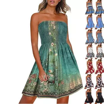 Летние платья для женщин Пляжные накидки Без бретелек Бохо Цветочный принт Сарафан L чёрный