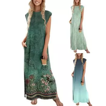 Летние платья для женщин Пляжные накидки Без бретелек Бохо Цветочный принт Сарафан L темно-зеленого