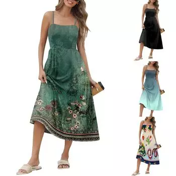 Летние платья для женщин Пляжные накидки Без бретелек Бохо Цветочный принт Сарафан M чёрный