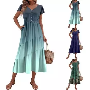 Летние платья для женщин Пляжные накидки Без бретелек Бохо Цветочный принт Сарафан L чёрный