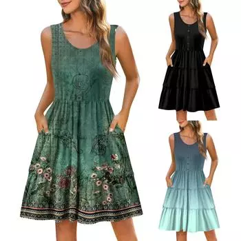 Летние платья для женщин Пляжные накидки Без бретелек Бохо Цветочный принт Сарафан L