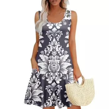 Летние платья для женщин Пляжный Бохо Без рукавов Принт Струящиеся Карманы Футболки Сарафаны XXL
