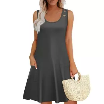 Летние платья для женщин Пляжный Бохо Без рукавов Принт Струящиеся Карманы Футболки Сарафаны L