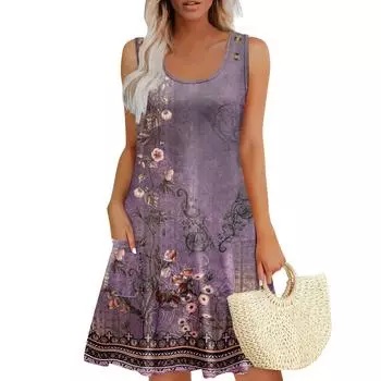Летние платья для женщин Пляжный Бохо Без рукавов Принт Струящиеся Карманы Футболки Сарафаны L