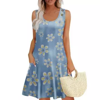 Летние платья для женщин Пляжный Бохо Без рукавов Принт Струящиеся Карманы Футболки Сарафаны XXL синий