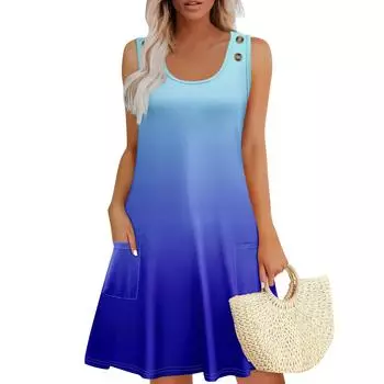 Летние платья для женщин Пляжный Бохо Без рукавов Принт Струящиеся Карманы Футболки Сарафаны M синий