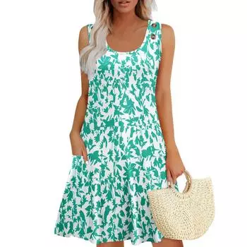 Летние платья для женщин Пляжный Бохо Без рукавов Принт Струящиеся Карманы Футболки Сарафаны L зелёный