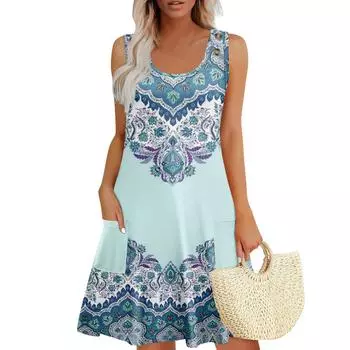 Летние платья для женщин Пляжный Бохо Без рукавов Принт Струящиеся Карманы Футболки Сарафаны XL синий