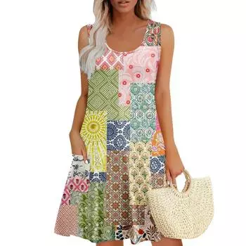 Летние платья для женщин Пляжный Бохо Без рукавов Принт Струящиеся Карманы Футболки Сарафаны S