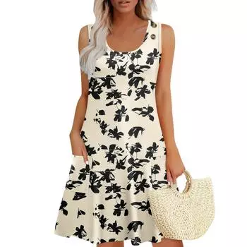 Летние платья для женщин Пляжный Бохо Без рукавов Принт Струящиеся Карманы Футболки Сарафаны M бежевый