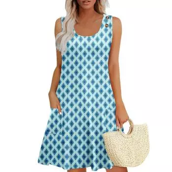Летние платья для женщин Пляжный Бохо Без рукавов Принт Струящиеся Карманы Футболки Сарафаны XXL циан