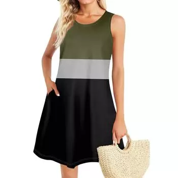 Летние платья для женщин Пляжный Бохо без рукавов Винтажный принт Футболка с карманами Сарафаны-майки L чёрный