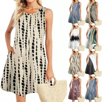 Летние платья для женщин Пляжный Бохо без рукавов Винтажный принт Футболка с карманами Сарафаны-майки L чёрный