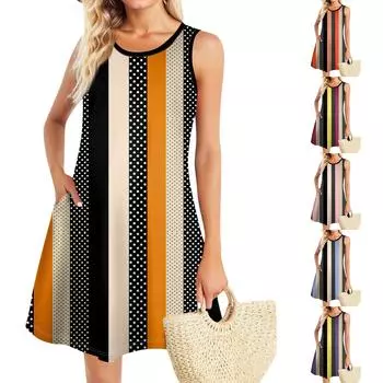 Летние платья для женщин Пляжный Бохо без рукавов Винтажный принт Футболка с карманами Сарафаны-майки L синий