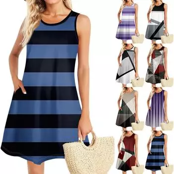 Летние платья для женщин Пляжный Бохо без рукавов Винтажный принт Футболка с карманами Сарафаны-майки L бежевый