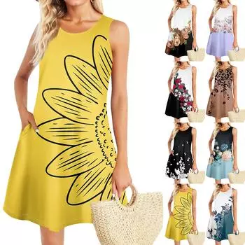 Летние платья для женщин Пляжный Бохо без рукавов Винтажный принт Футболка с карманами Сарафаны-майки XXXL жёлтый