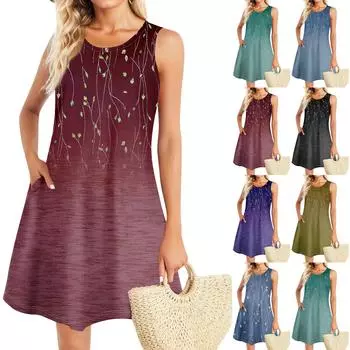 Летние платья для женщин Пляжный Бохо без рукавов Винтажный принт Футболка с карманами Сарафаны-майки XL
