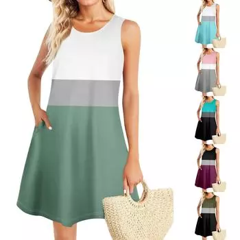 Летние платья для женщин Пляжный Бохо без рукавов Винтажный принт Футболка с карманами Сарафаны-майки XXXL циан