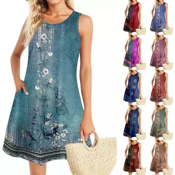 Летние платья для женщин Пляжный Бохо без рукавов Винтажный принт Футболка с карманами Сарафаны-майки XL
