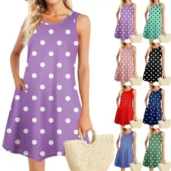 Летние платья для женщин Пляжный Бохо без рукавов Винтажный принт Футболка с карманами Сарафаны-майки S циан