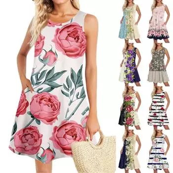 Летние платья для женщин Пляжный Бохо Без рукавов Принт Струящиеся Карманы Футболки Сарафаны L красный