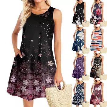 Летние платья для женщин Пляжный Бохо Без рукавов Принт Струящиеся Карманы Футболки Сарафаны L чёрный