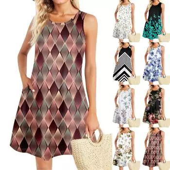 Летние платья для женщин Пляжный Бохо Без рукавов Принт Струящиеся Карманы Футболки Сарафаны L чёрный