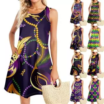 Летние платья для женщин Пляжный Бохо Без рукавов Принт Струящиеся Карманы Футболки Сарафаны S