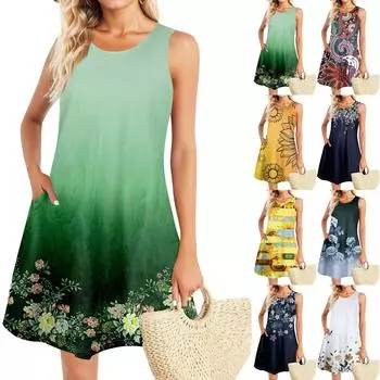 Летние платья для женщин Пляжный Бохо без рукавов Винтажный принт Футболка с карманами Сарафаны-майки XXXL