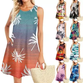 Летние платья для женщин Пляжный Бохо без рукавов Винтажный принт Футболка с карманами Сарафаны-майки XXL жёлтый