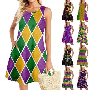 Летние платья для женщин Пляжный Бохо Без рукавов Принт Струящиеся Карманы Футболки Сарафаны XXXL золотой