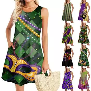 Летние платья для женщин Пляжный Бохо Без рукавов Принт Струящиеся Карманы Футболки Сарафаны XL зелёный
