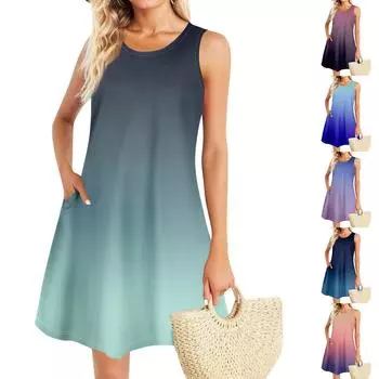 Летние платья для женщин Пляжный Бохо без рукавов Винтажный принт Футболка с карманами Сарафаны-майки L синий