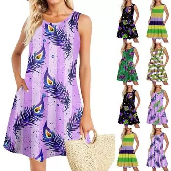 Летние платья для женщин Пляжный Бохо Без рукавов Принт Струящиеся Карманы Футболки Сарафаны XL