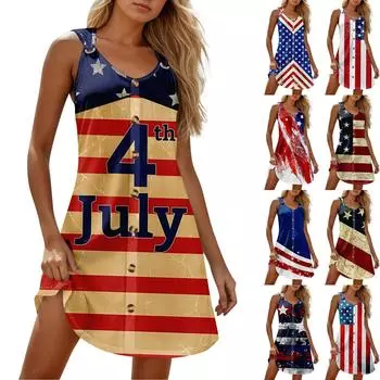 Летние платья для женщин Пляжный Бохо Без рукавов Независимость Печать Футболка Сарафаны L