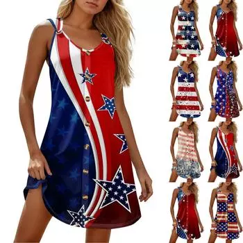 Летние платья для женщин Пляжный Бохо Без рукавов Независимость Печать Футболка Сарафаны S винный