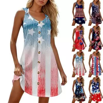 Летние платья для женщин Пляжный Бохо Без рукавов Независимость Печать Футболка Сарафаны XL