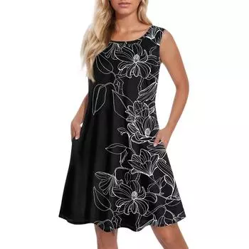 Летние платья для женщин Пляжный Бохо Без рукавов Принт Струящиеся Карманы Футболки Сарафаны S винный