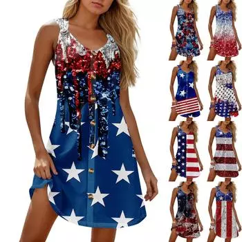 Летние платья для женщин Пляжный Бохо Без рукавов Независимость Печать Футболка Сарафаны XL