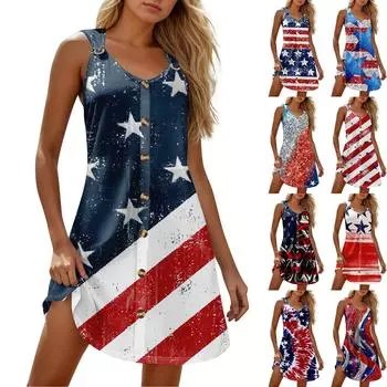 Летние платья для женщин Пляжный Бохо Без рукавов Независимость Печать Футболка Сарафаны L