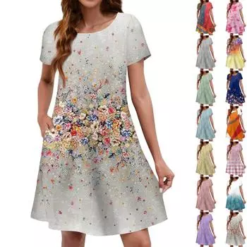 Летние платья для женщин. Пляжный сарафан с цветочным принтом и короткими рукавами. Повседневное платье-футболка с карманами.