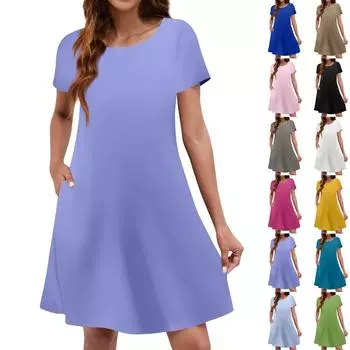 Летние платья для женщин. Пляжный сарафан с цветочным принтом и короткими рукавами. Повседневное платье-футболка с карманами. L чёрный