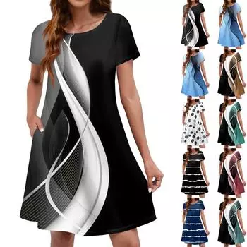 Летние платья для женщин. Пляжный сарафан с цветочным принтом и короткими рукавами. Повседневное платье-футболка с карманами. L чёрный