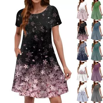 Летние платья для женщин. Пляжный сарафан с цветочным принтом и короткими рукавами. Повседневное платье-футболка с карманами. L