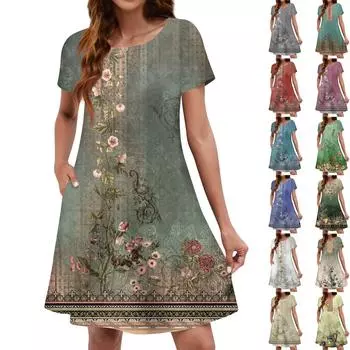 Летние платья для женщин. Пляжный сарафан с цветочным принтом и короткими рукавами. Повседневное платье-футболка с карманами. XL