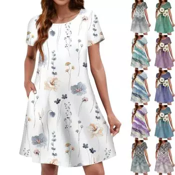 Летние платья для женщин. Пляжный сарафан с цветочным принтом и короткими рукавами. Повседневное платье-футболка с карманами. XXL фиолетовый