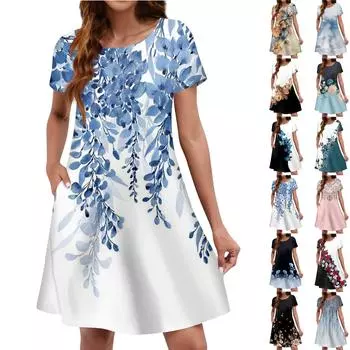 Летние платья для женщин. Пляжный сарафан с цветочным принтом и короткими рукавами. Повседневное платье-футболка с карманами. L чёрный