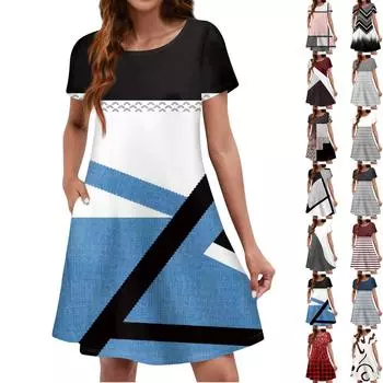 Летние платья для женщин. Пляжный сарафан с цветочным принтом и короткими рукавами. Повседневное платье-футболка с карманами. L бежевый