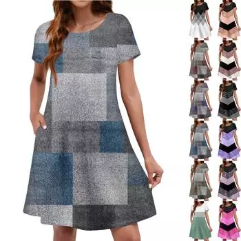 Летние платья для женщин. Пляжный сарафан с цветочным принтом и короткими рукавами. Повседневное платье-футболка с карманами. L чёрный